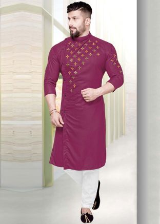 Purple Thread Embroidered Kurta Churidar Set