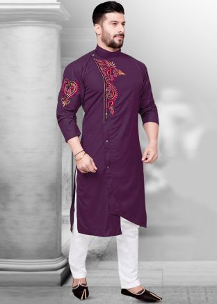 Purple Asymmetric Embroidered Kurta With Pajama