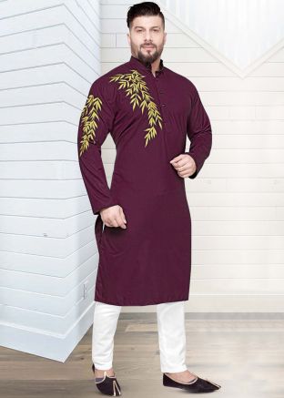 Readymade Purple Embroidered Kurta Pajama For Men