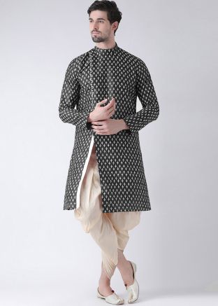 Black Printed Slitted Angrakha Style Kurta With Dhoti