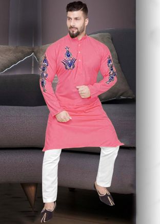 Pink Mens Embroidered Kurta With Churidar