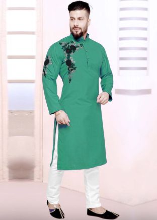 Green Readymade Embroidered Kurta With Pajama