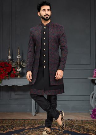Black Indo Western Sherwani With Woven Jacket