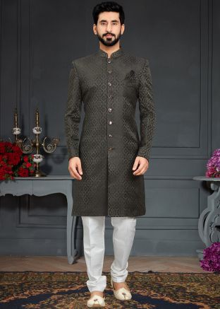 Green Woven Indo Western Sherwani For Men