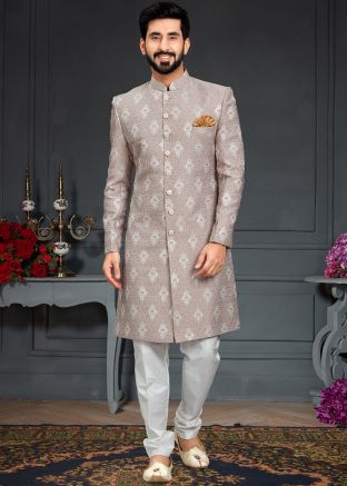 Brown Woven Indo Western Sherwani For Men
