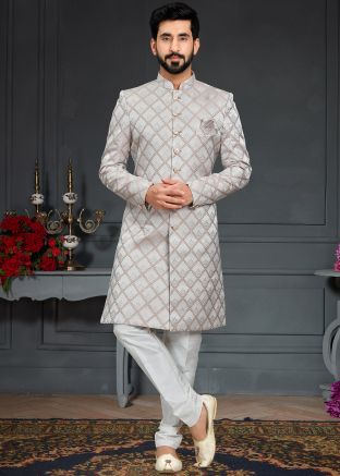 Readymade Silver Mens Woven Indo Western Sherwani Set