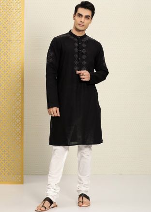 Black Embroidered Mens Cotton Kurta Pajama