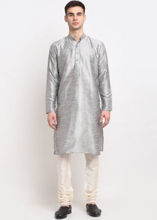Dupion Silk Readymade Kurta In Silver