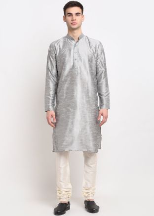 Readymade Silver Color Dupion Silk Kurta Pajama