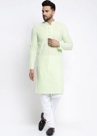 Readymade Green Color Cotton Kurta Pajama