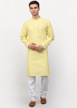 Readymade Yellow Dupion Silk Kurta Pajama