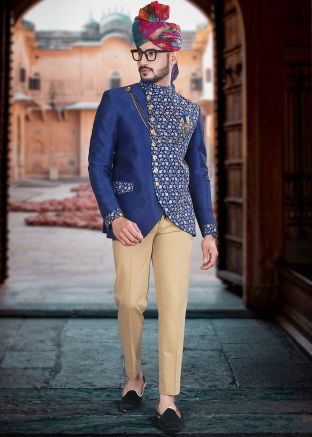 Navy Blue Embroidered Readymade Bandhgala Jodhpuri Suit