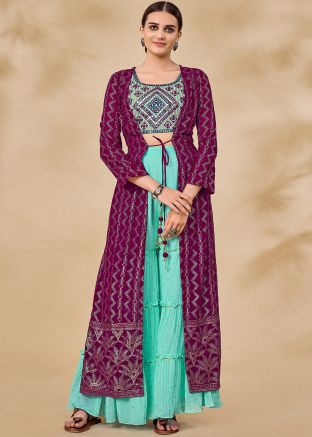 Turquoise Embroidered Top & Sharara With Jacket