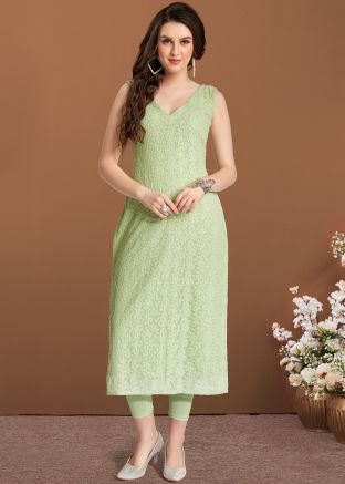 Readymade Green Chikankari Embroidered Kurta In Georgette 
