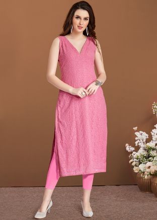 Pink Straight Cut Kurta With Chikankari Embroidery