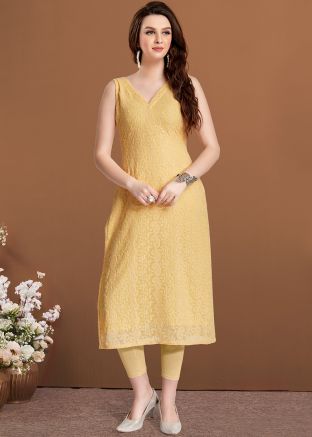 Yellow Georgette Kurta With Chikankari Embroidery