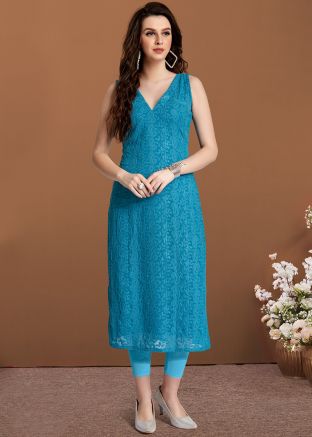 Blue Chikankari Embroidered Readymade Kurta In Georgette
