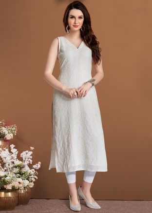White Georgette Chikankari Embroidered Straight Cut Kurta 