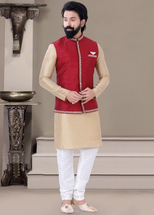 Golden Kurta Pajama With Embroidered Jacket