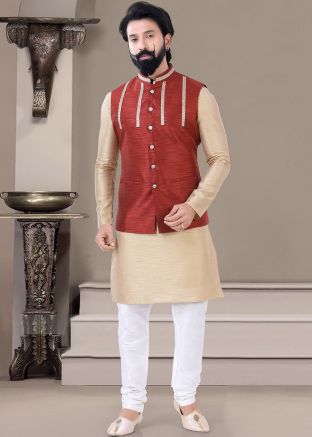 Mens Silk Kurta Pajama & Nehru Jacket In Golden