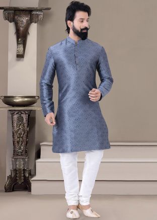 Grey Jacquard Woven Kurta Pajama For Men