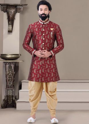 Red Zari Woven Indo Western Sherwani Set
