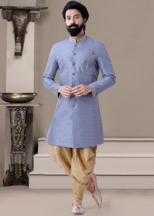 Grey Woven Indo Western Sherwani & Dhoti