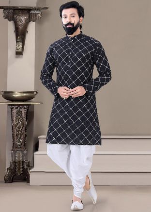 Black Embroidered Art Silk Dhoti Kurta Set