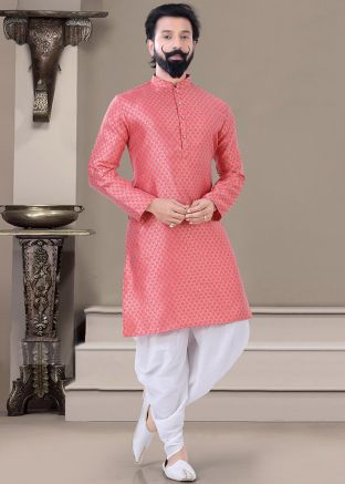 Pink Zari Woven Kurta Dhoti Set In Jacquard