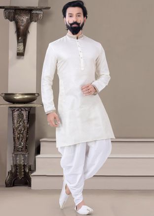 Readymade Cream Woven Dhoti Kurta Set For Men