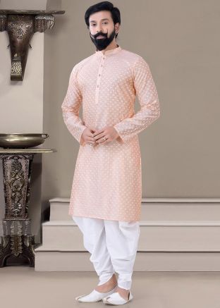 Peach Embroidered Dhoti Kurta In Silk