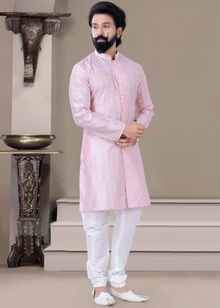 Pink Buttoned Front Kurta Pajama In Woven Design