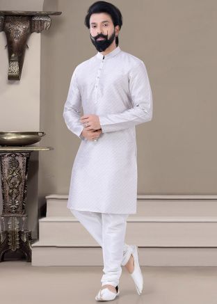 Readymade Grey Stripped Kurta Pajama In Silk