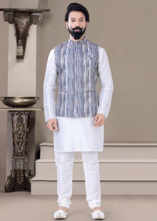 White Silk Kurta Pajama With Textured Print Jacket