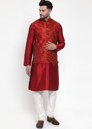 Maroon Color Silk Nehru Jacket