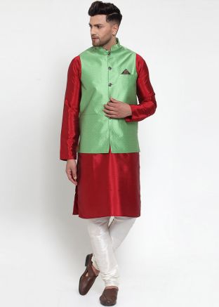 Green Color Silk Nehru Jacket