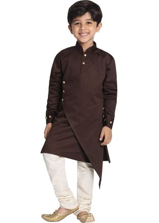Brown Asymmetric Overlapped Kids Kurta Churidar Set