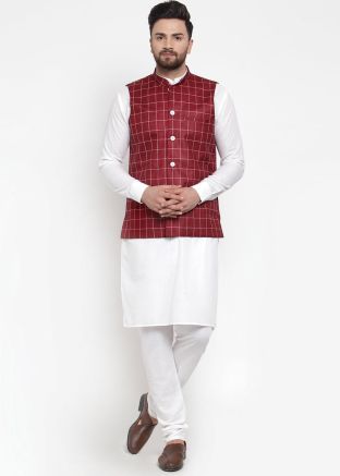 White Cotton Kurta Pajama with Nehru Jacket