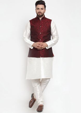 White Dupion Silk Kurta Pajama with Nehru Jacket