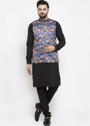 Black Cotton Kurta Pajama with Nehru Jacket