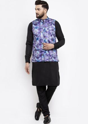 Black Cotton Kurta Pajama with Nehru Jacket