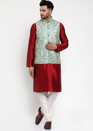 Maroon Dupion Silk Kurta Pajama with Nehru Jacket