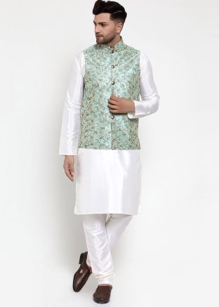 White Dupion Silk Kurta Pajama with Nehru Jacket