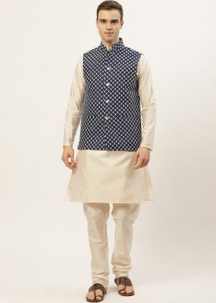 Blue Dupion Silk Nehru Jacket With Kurta Pajama