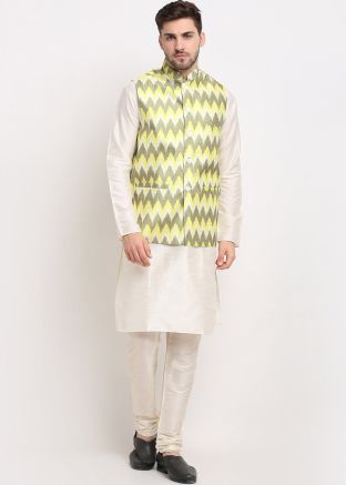 Green Dupion Silk Nehru Jacket With Kurta Pajama