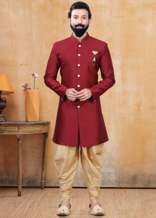 Red Woven Readymade Engagement Sherwani With Dhoti