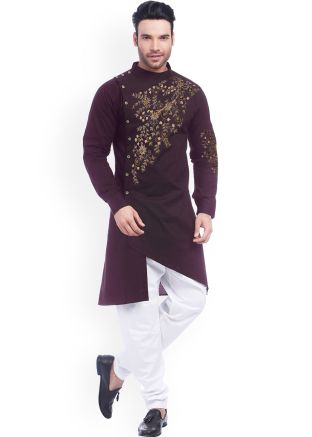 Purple Readymade Cotton Kurta Pajama With Embroidery
