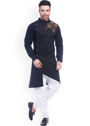 Blue Readymade Cotton Kurta Pajama With Embroidery