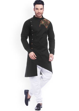 Black Readymade Asymmetric Kurta Pajama In Cotton