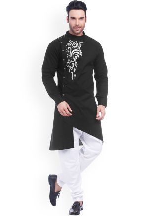Black Readymade Mens Kurta Pajama In Cotton